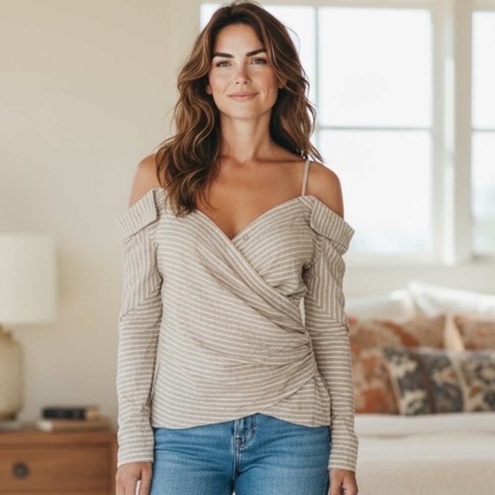 White House Black Market Beige Striped Off-Shoulder Blouse